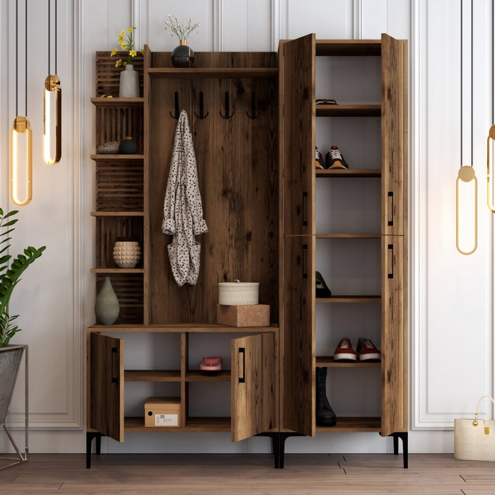 Hanah Home Viyana DA Soporte de Pasillo Industrial de Madera Color Nogal con Estantes y Armarios para Organización del Hogar 150x35x200cm