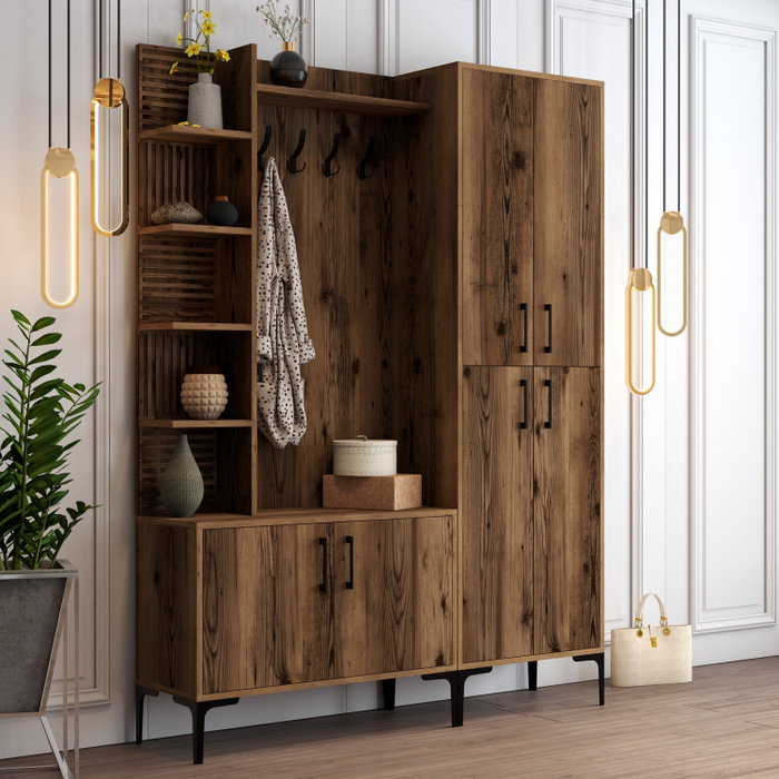 Hanah Home Viyana DA Soporte de Pasillo Industrial de Madera Color Nogal con Estantes y Armarios para Organización del Hogar 150x35x200cm