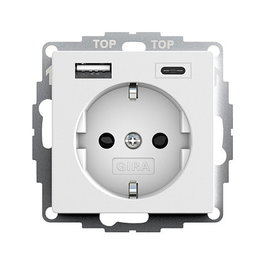 GIRA 245927 Toma de corriente con 2 puertos USB y enchufe Schuko, 1 módulo, 3A, IP20, 220-250V, Blanco Mate
