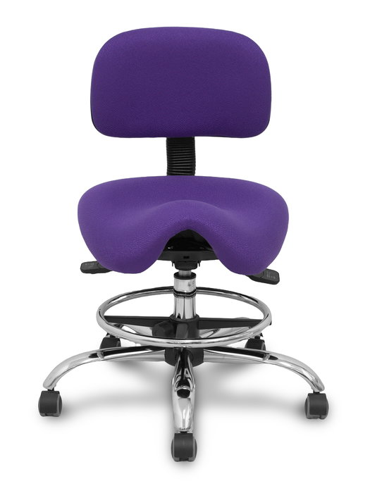 Taburete Zarza con mecanismo Asincro tapizada con Tela color Lila. Equipado con Base cromada, Sin brazos y Ruedas de parqué