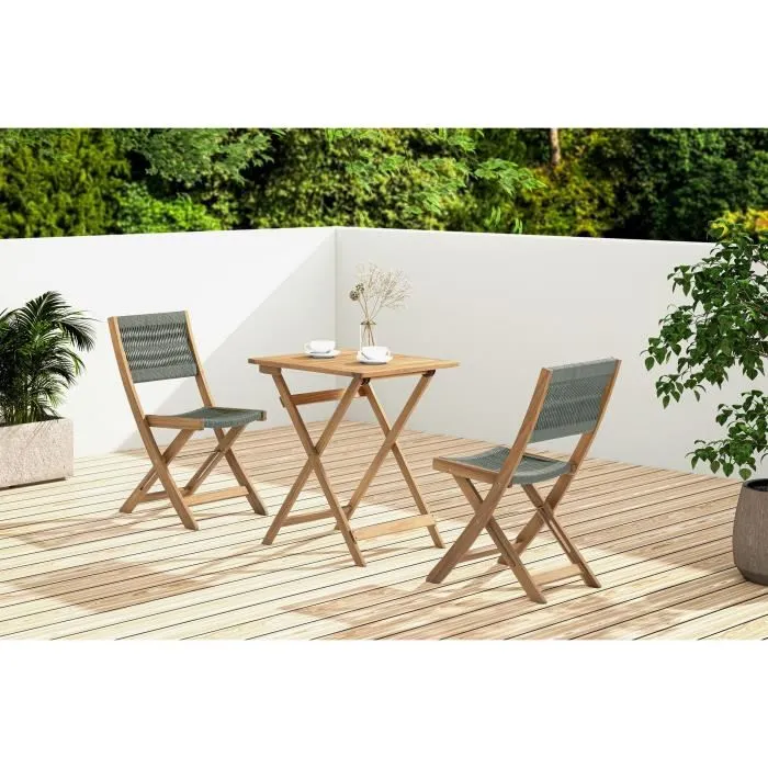 MAKENA Conjunto de Bistró Plegable de Madera de Acacia FSC con Tejido de Cuerda Verde Oliva - 2 Personas