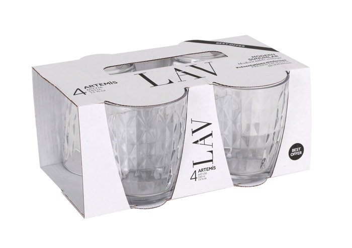 LAV Set de 4 Vasos Artem, 340 cc, Cristal, 8.5 x 8.5 x 10 cm (12 Cajas)