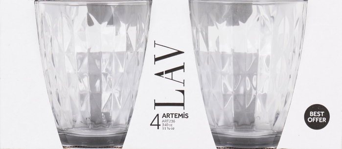 LAV Set de 4 Vasos Artem, 340 cc, Cristal, 8.5 x 8.5 x 10 cm (12 Cajas)
