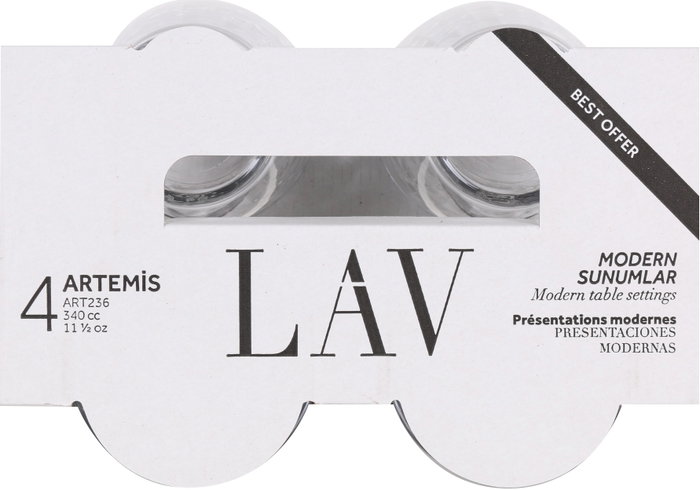 LAV Set de 4 Vasos Artem, 340 cc, Cristal, 8.5 x 8.5 x 10 cm (12 Cajas)