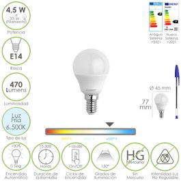 MAURER Bombilla LED Esférica Rosca E14 4.5W Luz Fría 6500K