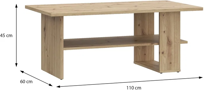 Mesa de Centro Rectangular de Roble Artesano con 2 Estantes - 110 x 60 x 45 cm