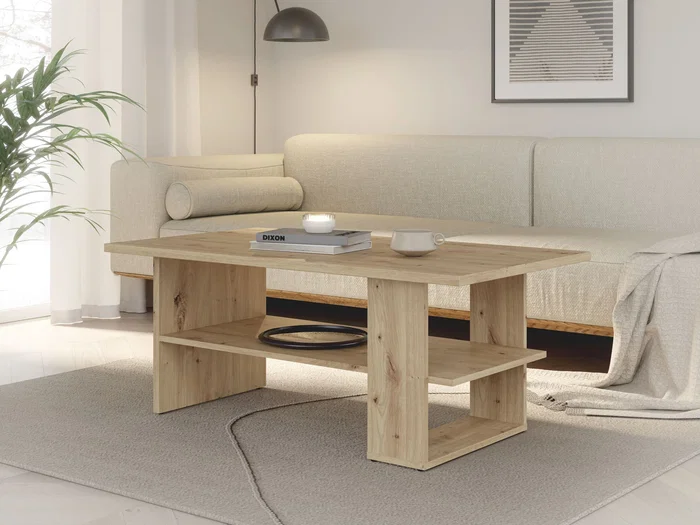 Mesa de Centro Rectangular de Roble Artesano con 2 Estantes - 110 x 60 x 45 cm