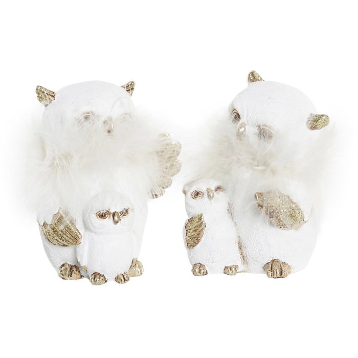 DKD Home Decor Figura de Búho en Resina, Pack de 2, Blanco y Dorado
