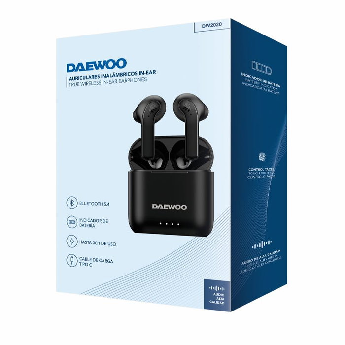Daewoo Auriculares TWS Bluetooth 5.4 Negro con Indicador de Carga, Batería 40mAh + 650mAh