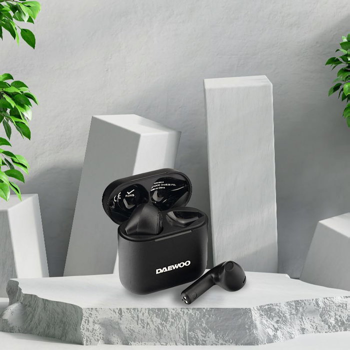 DAEWOO Auriculares Inalámbricos TWS Bluetooth 5.4 Negro con Indicador de Carga, Batería 40mAh (auricular) y 650mAh (estuche)