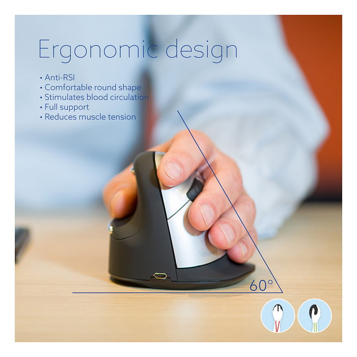 R-Go Tools RGOHELELAWL Ratón Ergonómico Vertical para Zurdos, Negro y Plata