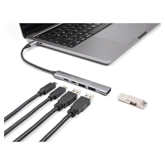 DeLOCK 64298 Hub USB-C Slim de 4 Puertos, 1x USB-A 10 Gbps + 2x USB-A 2.0 + 1x USB-C 2.0, con Power Delivery 95W, Aluminio, Plug & Play, para Windows, Mac, Linux