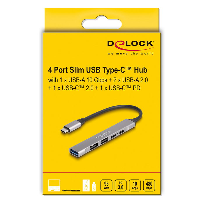 DeLOCK 64298 Hub USB-C Slim de 4 Puertos, 1x USB-A 10 Gbps + 2x USB-A 2.0 + 1x USB-C 2.0, con Power Delivery 95W, Aluminio, Plug & Play, para Windows, Mac, Linux