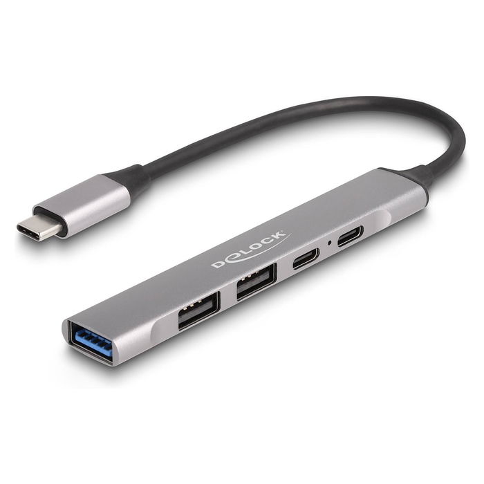 DeLOCK 64298 Hub USB-C Slim de 4 Puertos, 1x USB-A 10 Gbps + 2x USB-A 2.0 + 1x USB-C 2.0, con Power Delivery 95W, Aluminio, Plug & Play, para Windows, Mac, Linux