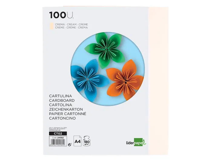 Liderpapel Cartulina A4 180g/m2 Crema Paquete de 100 Hojas
