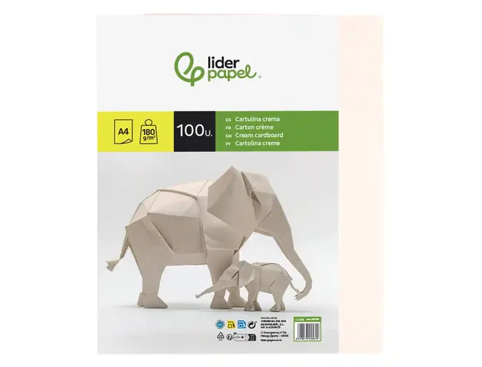Liderpapel Cartulina A4 180g/m2 Crema Paquete de 100 Hojas