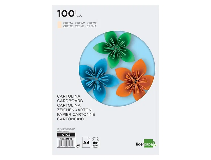 Liderpapel Cartulina A4 180g/m2 Crema Paquete de 100 Hojas