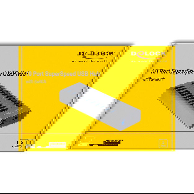 DeLOCK SuperSpeed USB Hub con 10 Puertos y Interruptor, USB 3.2 Gen 1 Type-A, 5 Gbps, Aluminio Gris