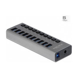 DeLOCK SuperSpeed USB Hub con 10 Puertos y Interruptor, USB 3.2 Gen 1 Type-A, 5 Gbps, Aluminio Gris
