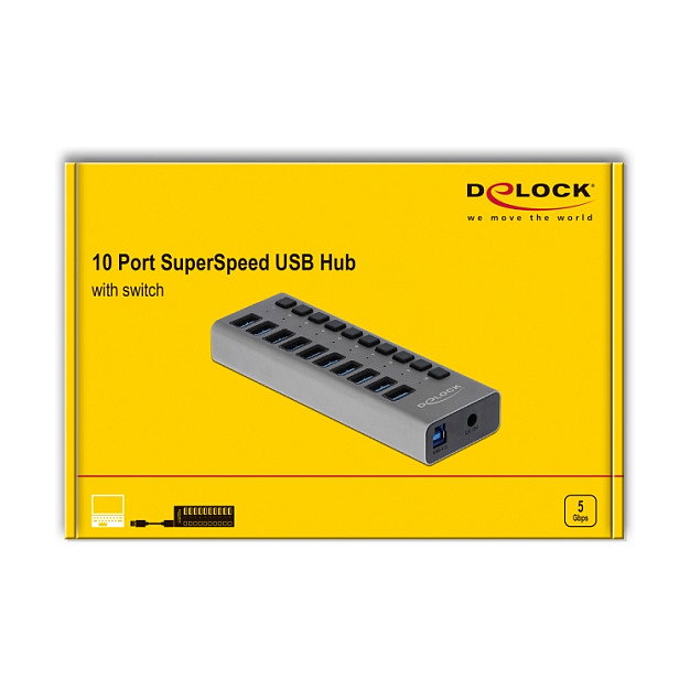 DeLOCK Hub USB de 10 puertos 5 Gbps con interruptores 63670 gris