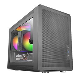 Mars Gaming MCXPS - Caja de Ordenador Gaming Micro-ATX, Lateral de Cristal Templado, Panel Frontal Total Mesh, Compatible con GPU de 310mm, 4 Ranuras, Negro