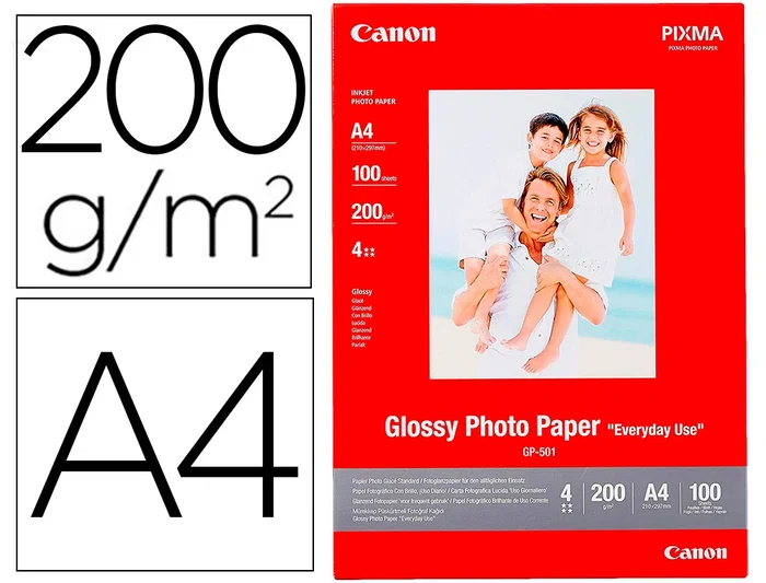 Canon Pixma Papel Fotográfico Brillo DIN A4 200g/m² Ink-jet Paquete 100 Hojas Canon Pixma Papel Fotográfico Brillo DIN A4 200g/m² Ink-jet Paquete 100 Hojas