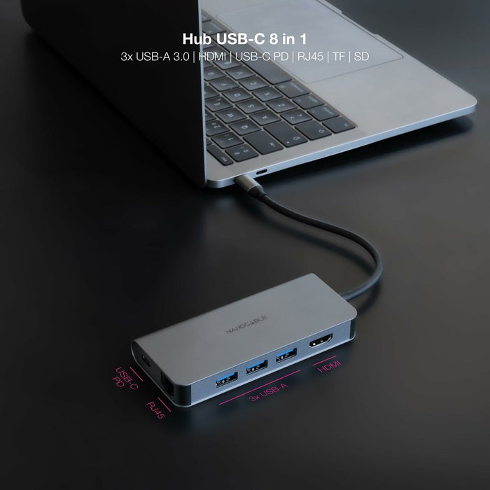 Nanocable Hub USB-C 8 en 1 con HDMI 4K, 3xUSB-A 3.0, RJ45, SD/TF y Carga PD 100W Gris