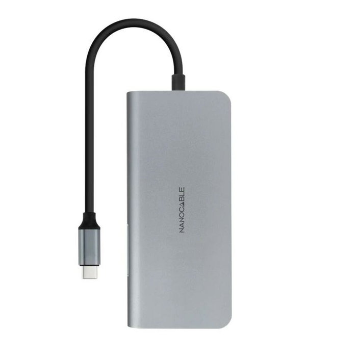 Nanocable Hub USB-C 8 en 1 con HDMI 4K, 3xUSB-A 3.0, RJ45, SD/TF y Carga PD 100W Gris