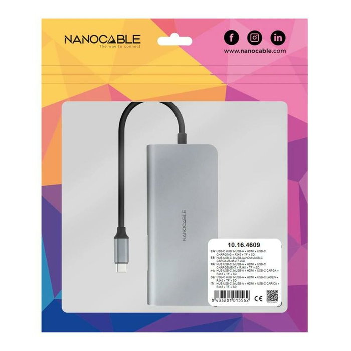 Nanocable Hub USB-C 8 en 1 con HDMI 4K, 3xUSB-A 3.0, RJ45, SD/TF y Carga PD 100W Gris