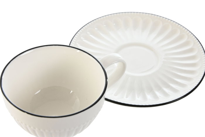 DKD Home Decor Taza Set Plato Tradicional Blanco Negro 6 Unidades 250ml Porcelana Apto Microondas y Lavavajillas 15.5 x 6.7 x 15.5 cm