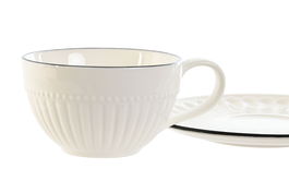 DKD Home Decor Taza Set Plato Tradicional Blanco Negro 6 Unidades 250ml Porcelana Apto Microondas y Lavavajillas 15.5 x 6.7 x 15.5 cm