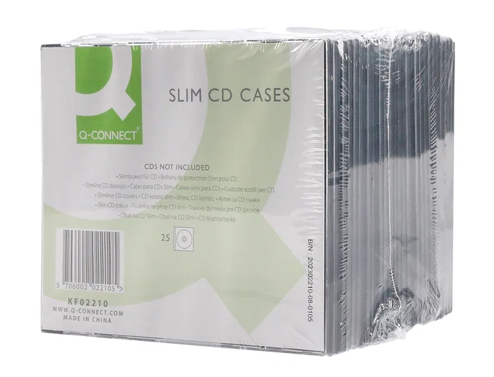 Q-connect Caja CD Slim con Interior Negro Pack 25 Unidades para Almacenamiento CD/DVD