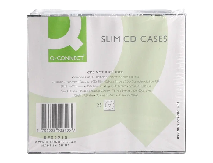 Q-connect Caja CD Slim con Interior Negro Pack 25 Unidades para Almacenamiento CD/DVD