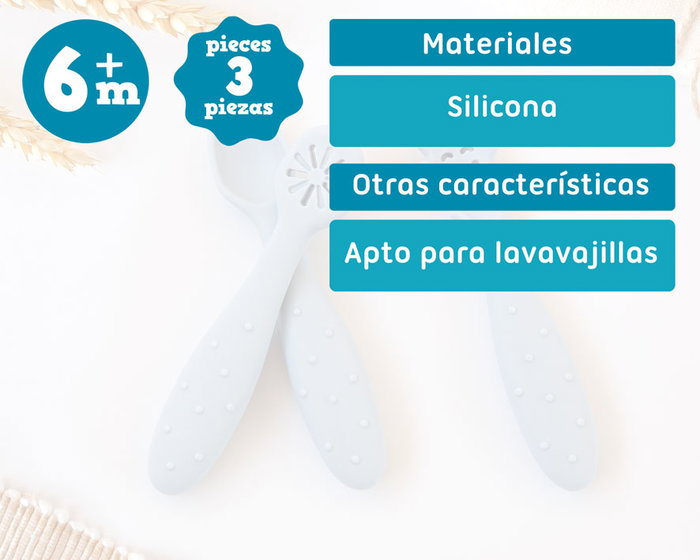 KioKids Lovely Friends Set de 3 Cubiertos de Silicona para Bebé Azul (+6 Meses) - Cuchara, Pre-cuchara, Pre-tenedor para Alimentación y Dentición