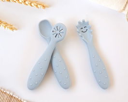KioKids Lovely Friends Set de 3 Cubiertos de Silicona para Bebé Azul (+6 Meses) - Cuchara, Pre-cuchara, Pre-tenedor para Alimentación y Dentición