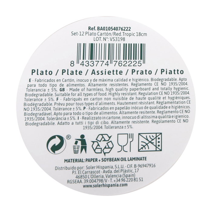 Algon Set 12 Platos Cartón Redondo Tropic 18.5 cm (24 Unidades)