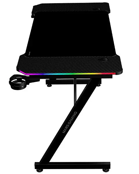 Mars Gaming MGD-X120RGB Mesa Gaming Negro 120x60 cm con Iluminación RGB, Alfombrilla XXL, Soportes para Auriculares y Bebidas, Gestión de Cables, Superficie Fibra Carbono