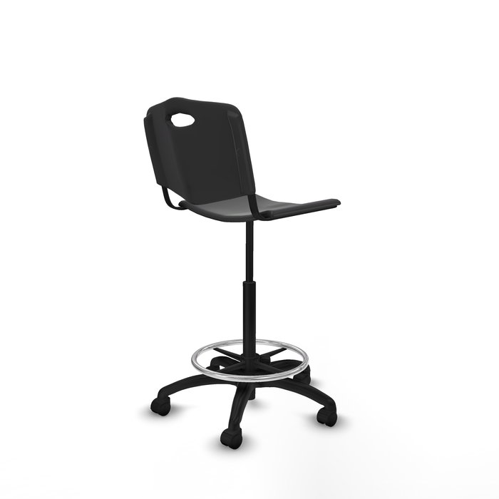 Taburete Robledo con mecanismo Giratorio de PVC color Negro. Equipado con Base poliamida negra, Sin brazos y Ruedas de nailon 50 mm