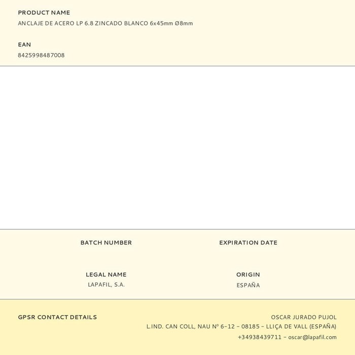 Lapafil Anclaje LP 6.8 Acero Zincado Blanco 6 x 45 mm Ø8 mm