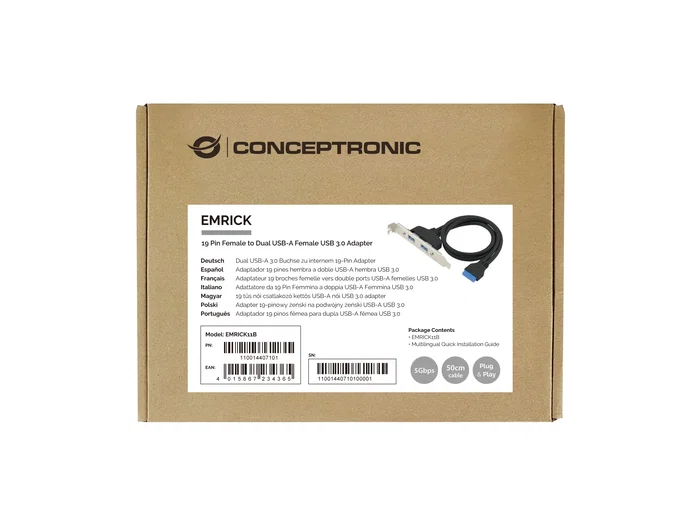 Conceptronic EMRICK11B - Tarjeta Adaptadora USB 3.0 Interna (19-pin) a 2 Puertos USB-A 3.2 Gen 1 - Cable 0.5m Negro