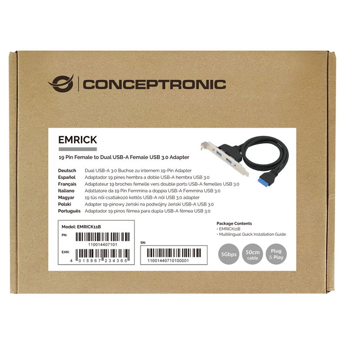Conceptronic EMRICK11B Adaptador de Interfaz Interno con 2 Puertos USB 3.2 Gen 1 (19 pines)