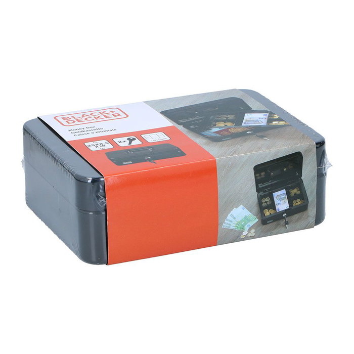 Black+Decker Caja de caudales con 5 divisiones, 2 llaves, color negro, 25 x 8,5 x 18 cm