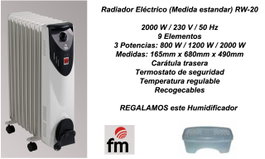 FM Radiador de Aceite RW-20 de 2000 W con 9 Elementos e Humidificador de Regalo