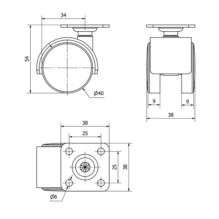 Ruedas Alex Rueda Giratoria con Placa y Eje Liso Negra Ø 4 cm Carga Máx. 20 kg