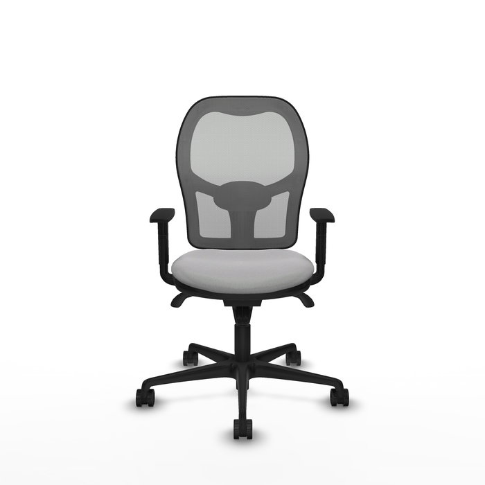 Silla de oficina Jorquera con mecanismo Sincro tapizada con Tela color Gris claro y malla color Gris. Equipada con lumbar 1D, Brazos 1D y Ruedas 65mm nailon