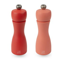PEUGEOT Tahiti Juego de Salero y Pimentero Ajustable, 2 Piezas de 15 cm, Rojo Coral, Haya y Acero Inoxidable, Hecho en Francia