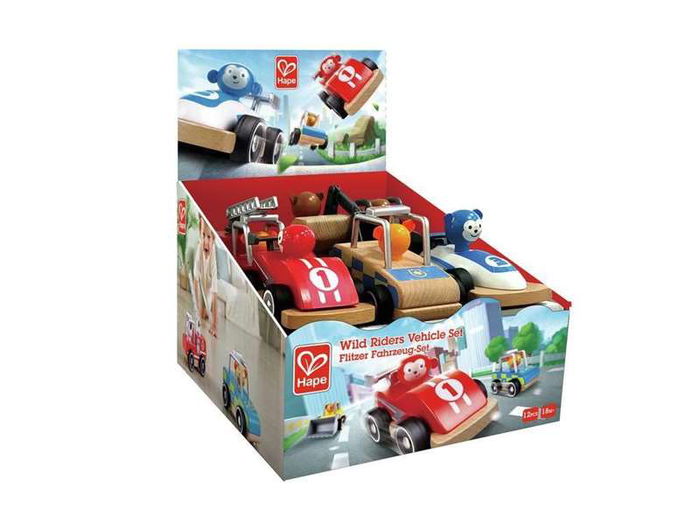 Vehiculos de madera wild riders con animales conductores 12x5,8x7,6cm - modelos surtidos