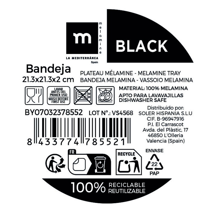 Inde Bandeja Melamina Mate Black La Mediterran (12 Unidades)mies Inde Bandeja Melamina Mate Black La Mediterran (12 Unidades)mies