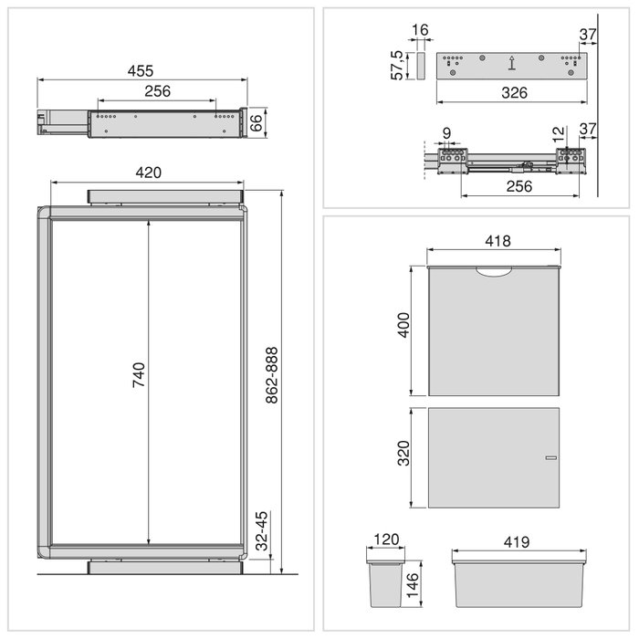 Emuca Kit de 2 bandejas auxiliares, 1 cesto y bastidor regulable Quartz para armarios, guías de cierre suave y extracción total, Módulo 90cm, Acabado Titanio