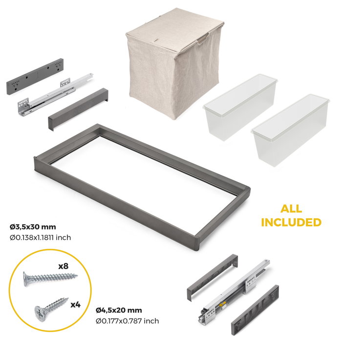 Emuca Kit de 2 bandejas auxiliares, 1 cesto y bastidor regulable Quartz para armarios, guías de cierre suave y extracción total, Módulo 90cm, Acabado Titanio